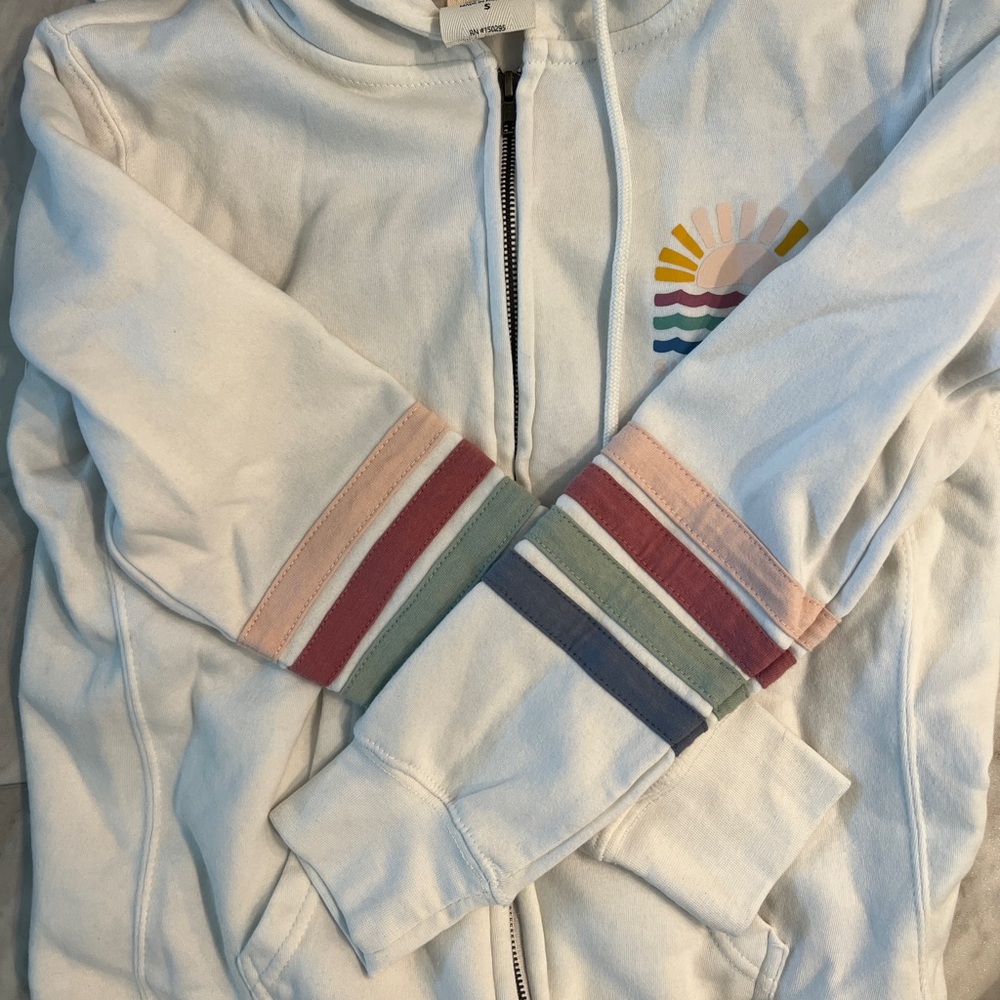 Surf Style White Hoodie with Colorful Sun and Waves